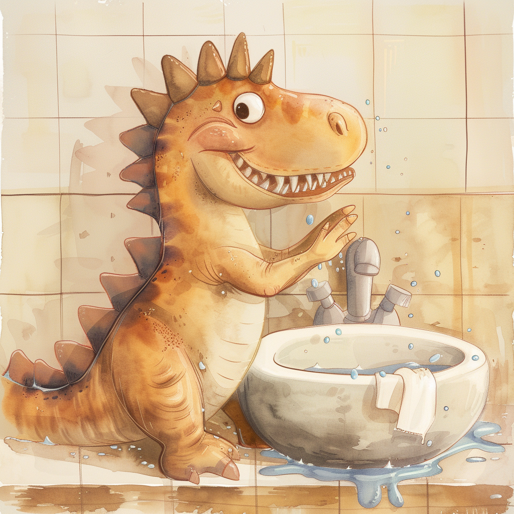 Baby Spinosaurus Washing Hands in Bathroom