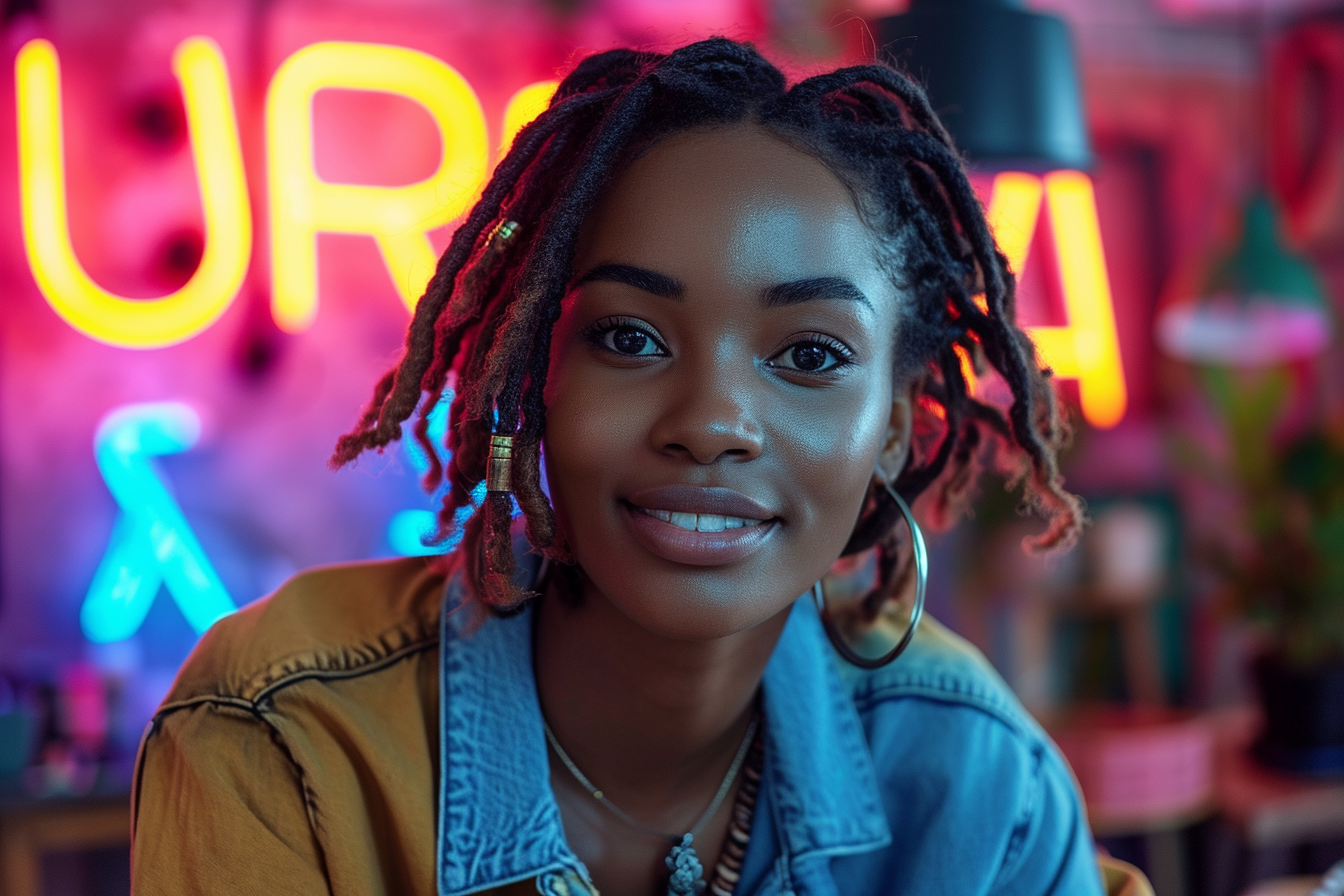 Happy Beauty Black Woman Sitting at Desk