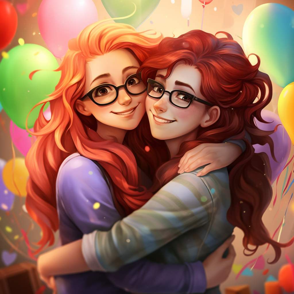 Girl hugging rainbow hair birthday