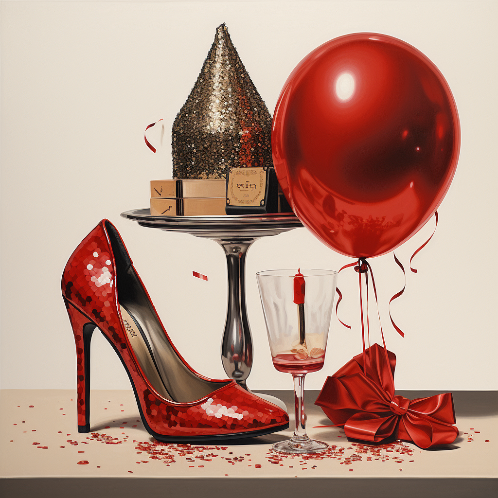 Happy Birthday Heels Red Balloons Champagne Glitter Realistic