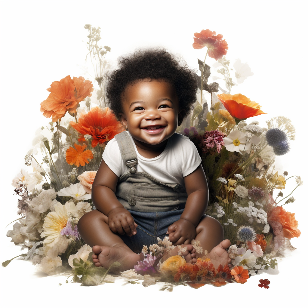 Smiling black baby surrounded by colorful flowers