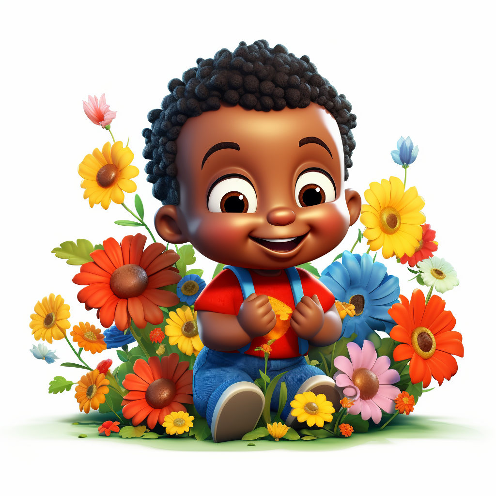 Smiling black baby surrounded by vibrant flowers