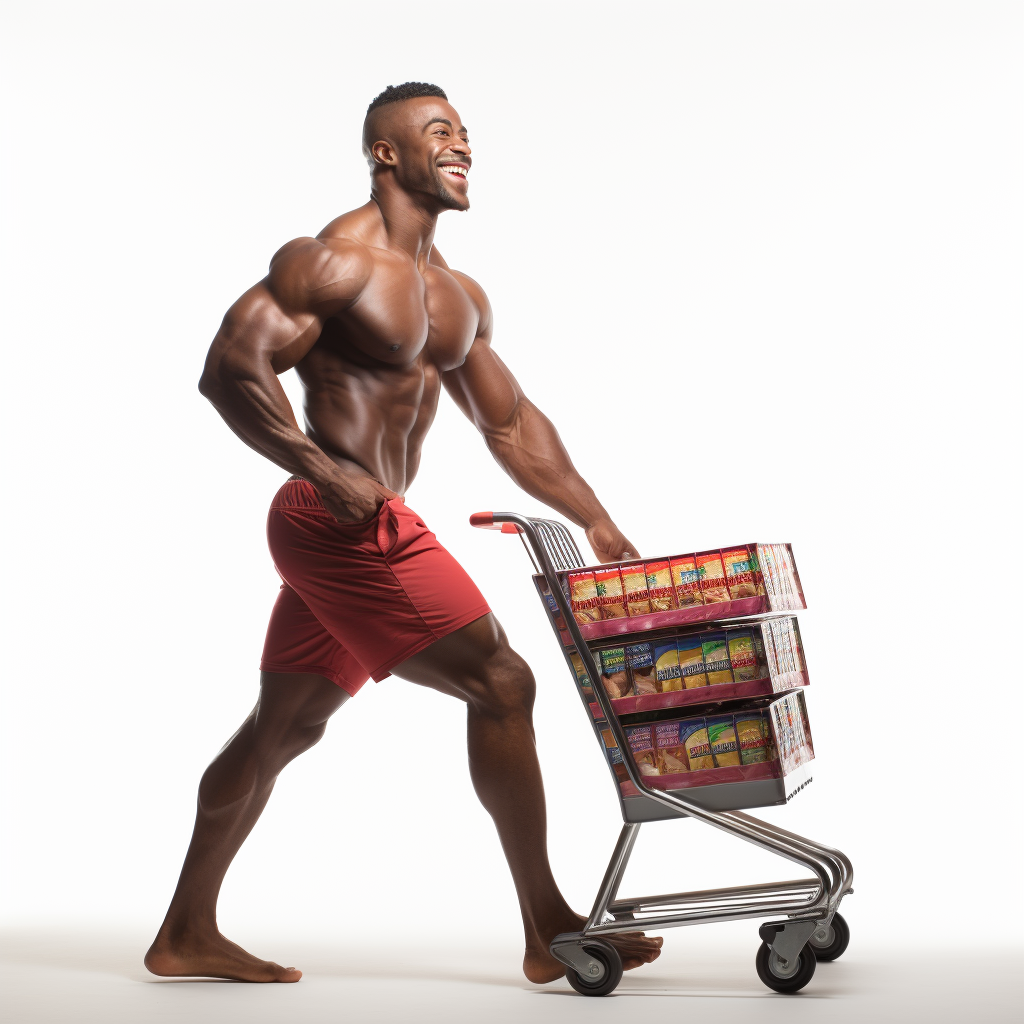 Happy black bodybuilder pushing cart forward