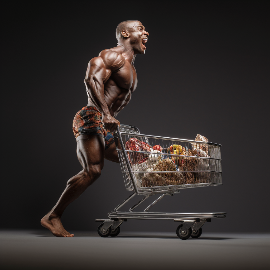 Strong black bodybuilder pushing cart forward