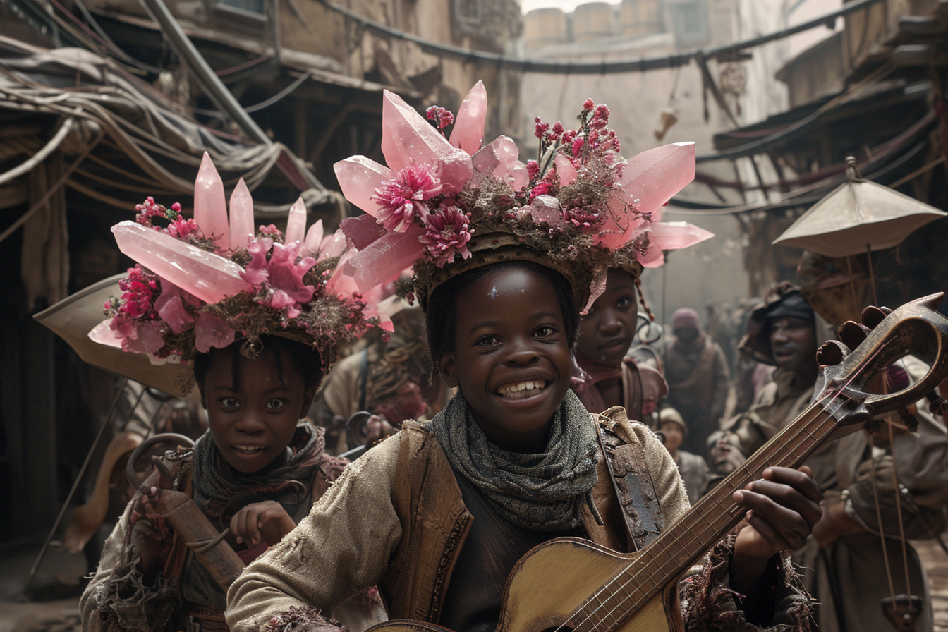 Happy Black Children with Pink Quartz Crystals Playing Instruments