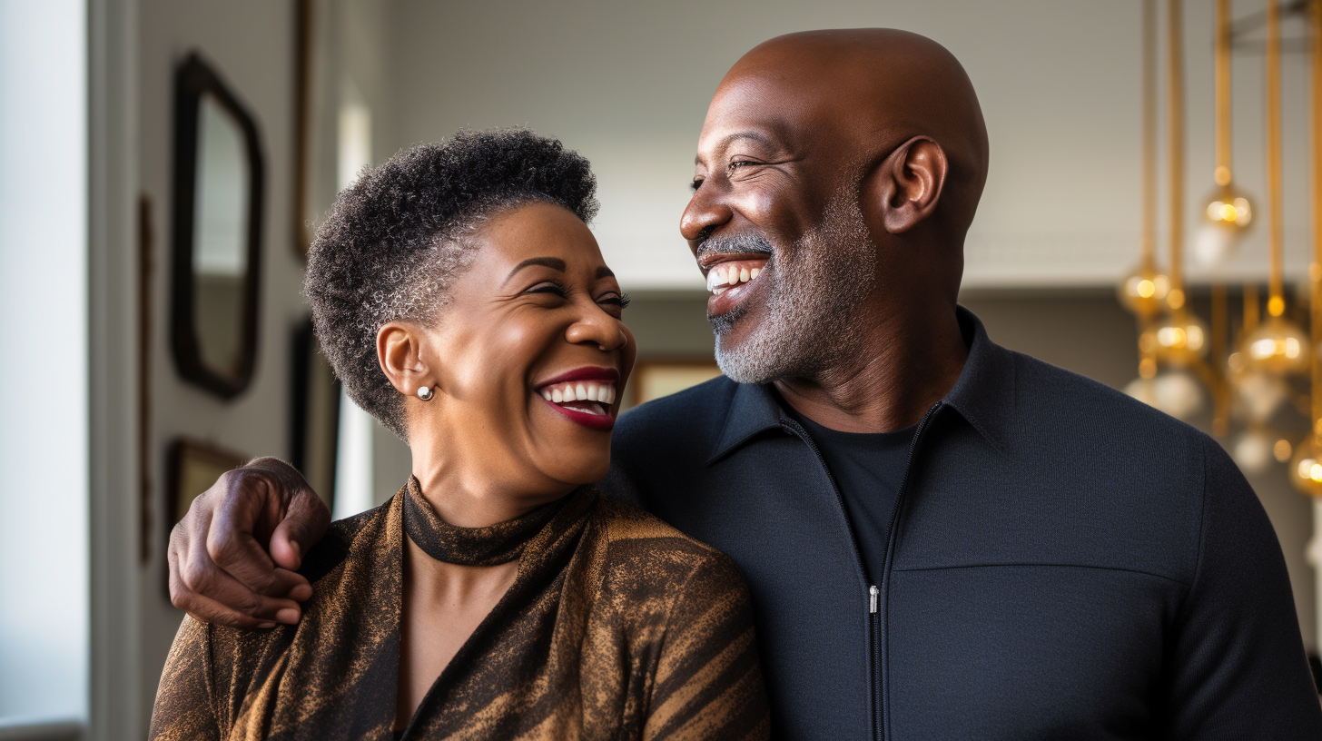 Smiling middle age black couple in well-lit living room