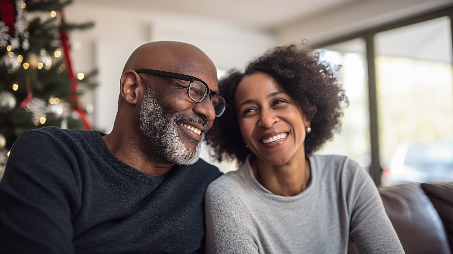 Smiling middle age black couple in brightly lit living room