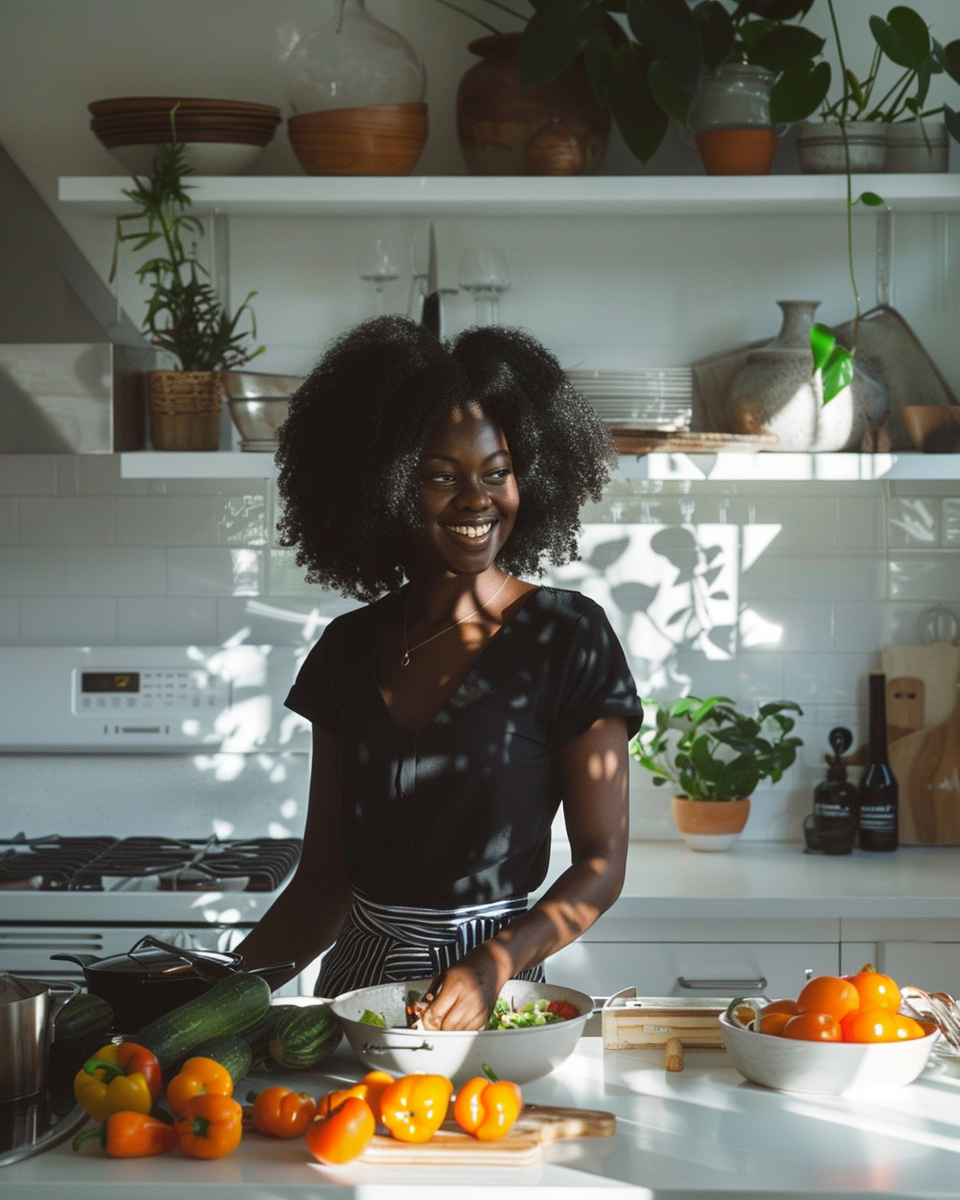 black woman cooking in white kitchen