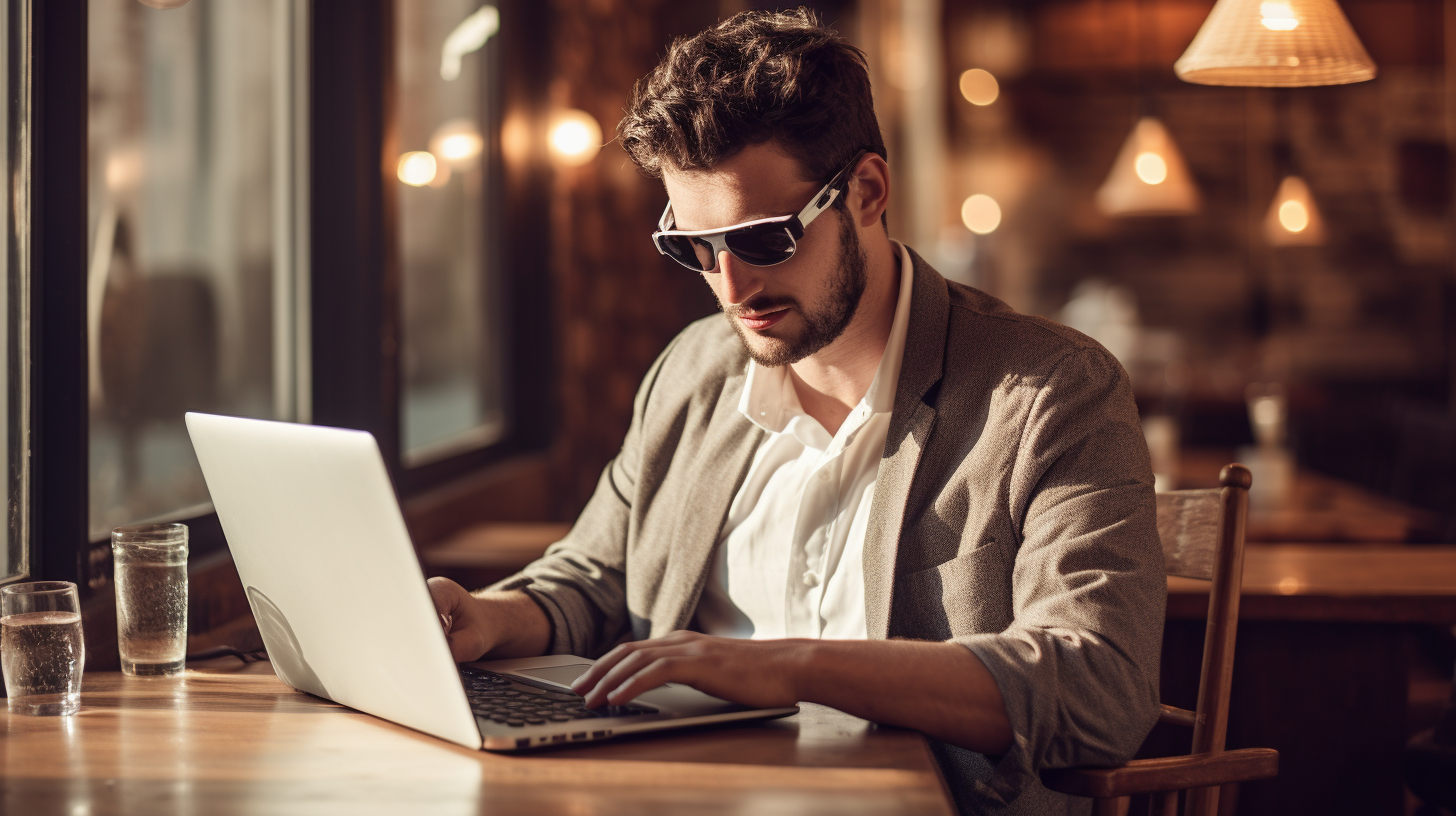 Visually impaired man using laptop joyfully