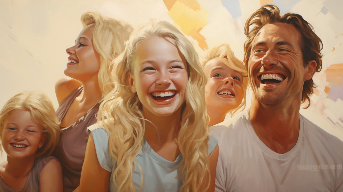 Blond girl with loving family in oil painting