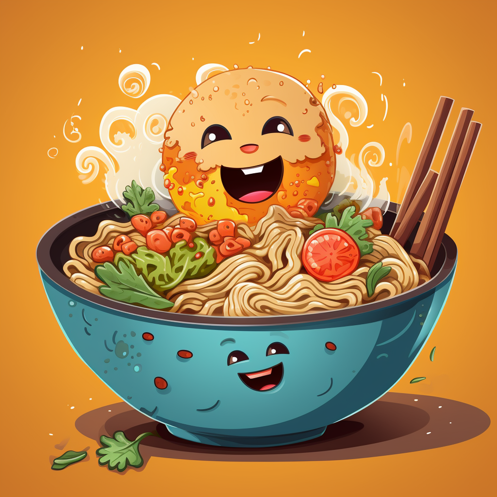 Cartoon illustration of a happy bowl of ramen