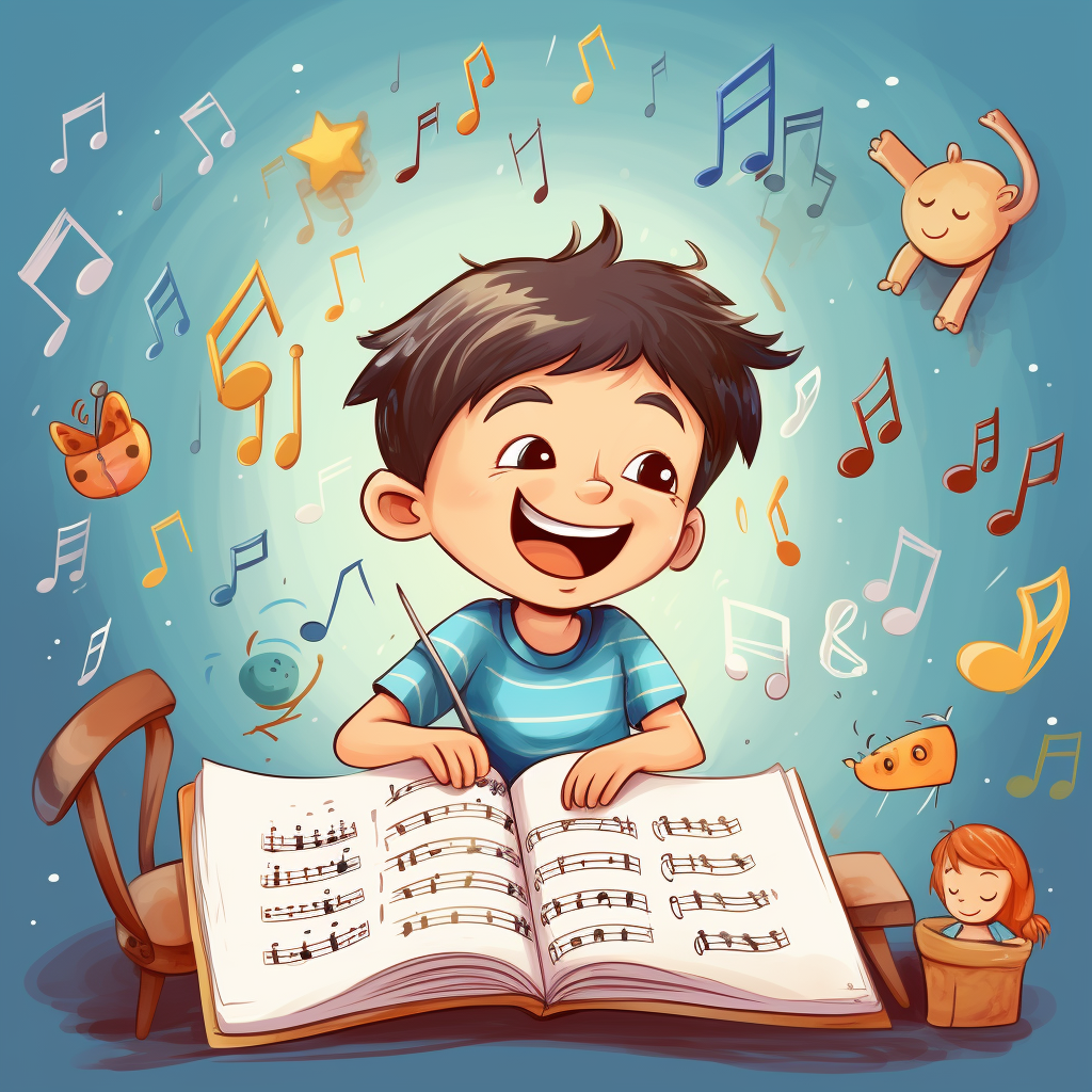 Happy boy learning music theory