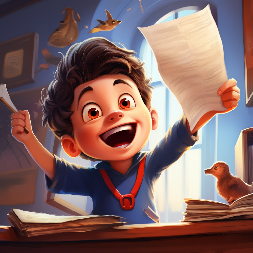 Happy boy holding a letter in cartoon style