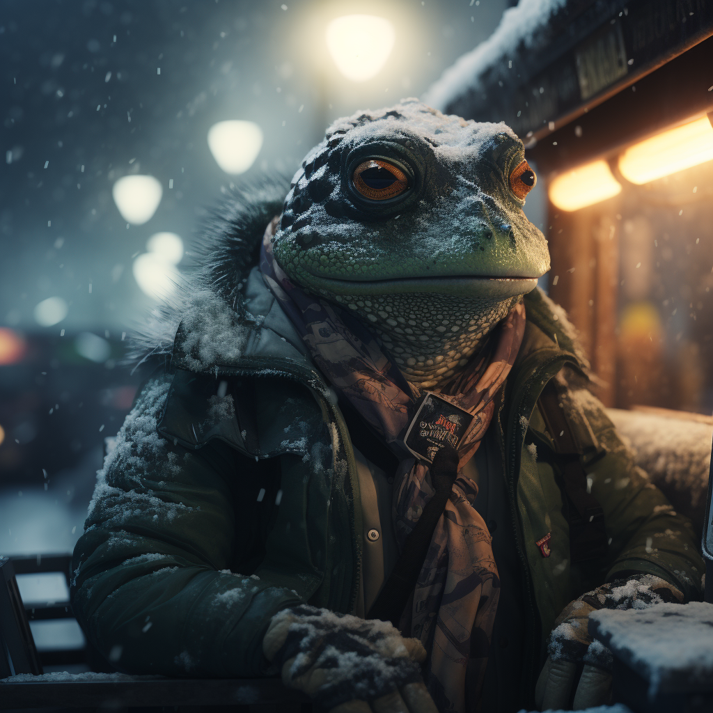 Happy bullfrog person truck driver in snowstorm