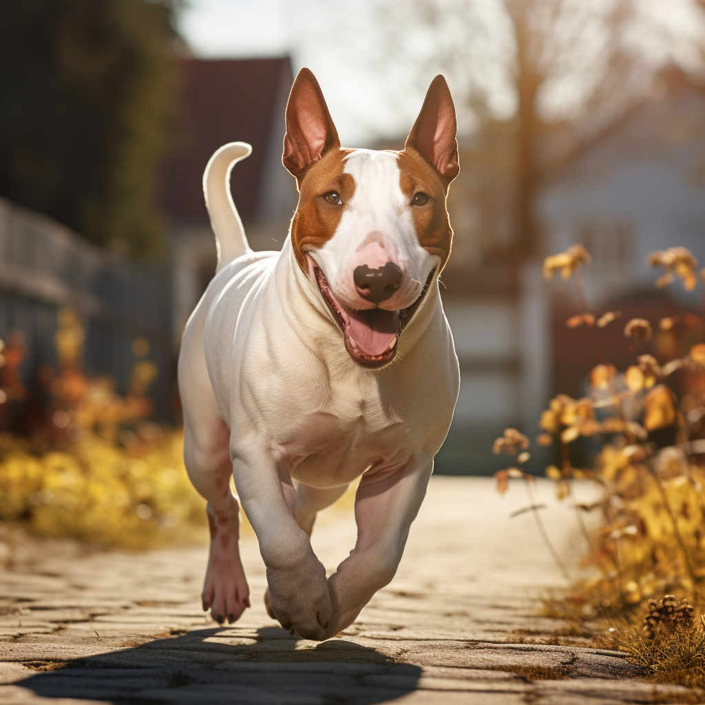 Happy Bullterrier Walking on a Sunny Day