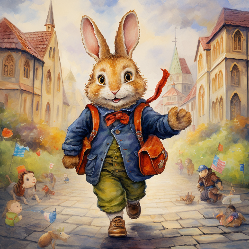 Colorful Beatrix Potter Style Happy Bunny Goes to School