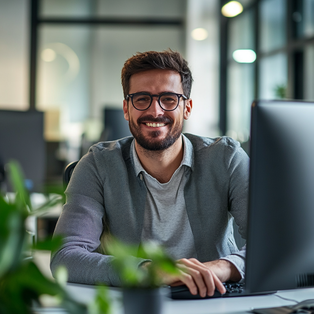 Happy businessman working on payment solution