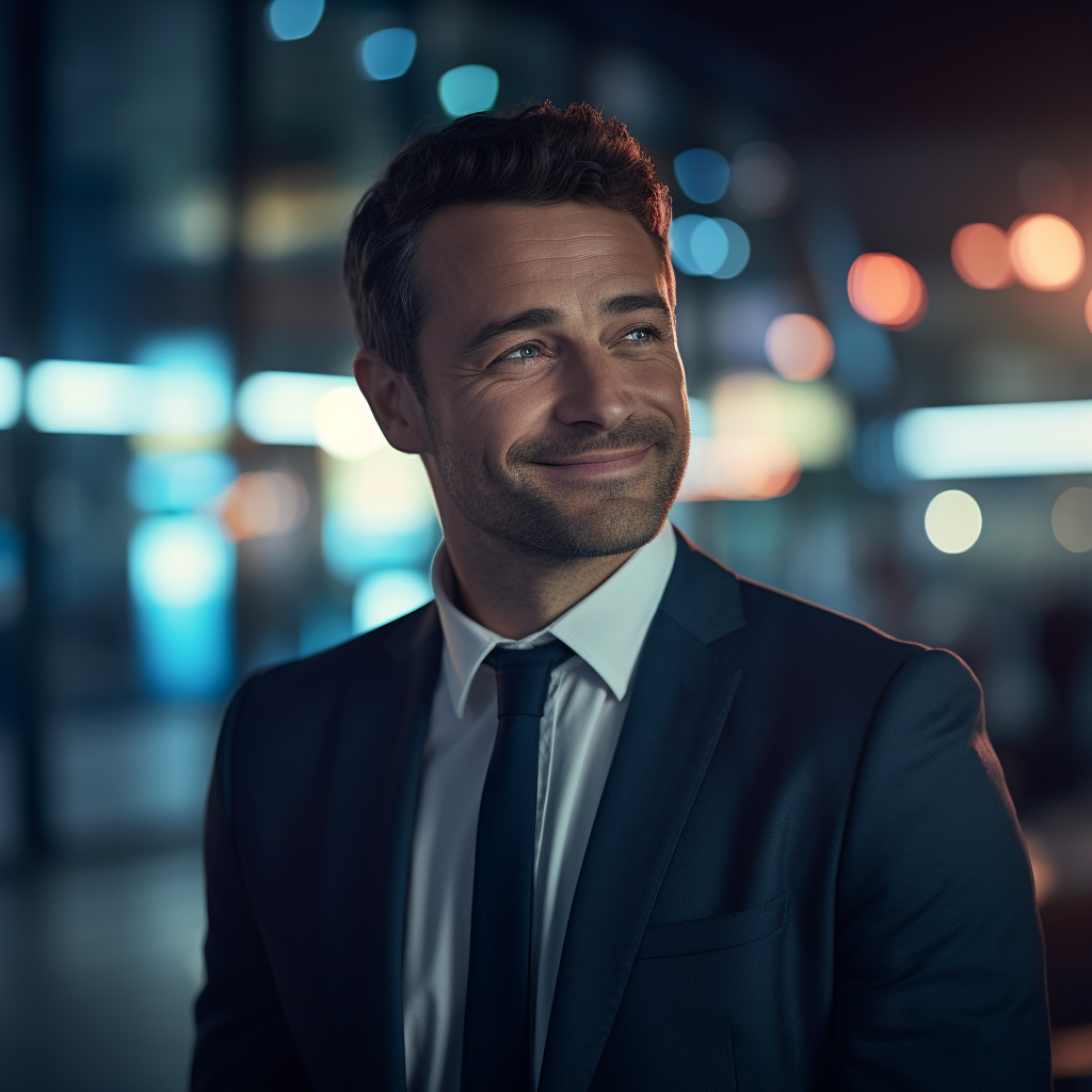 Happy businessman under soft blue lighting