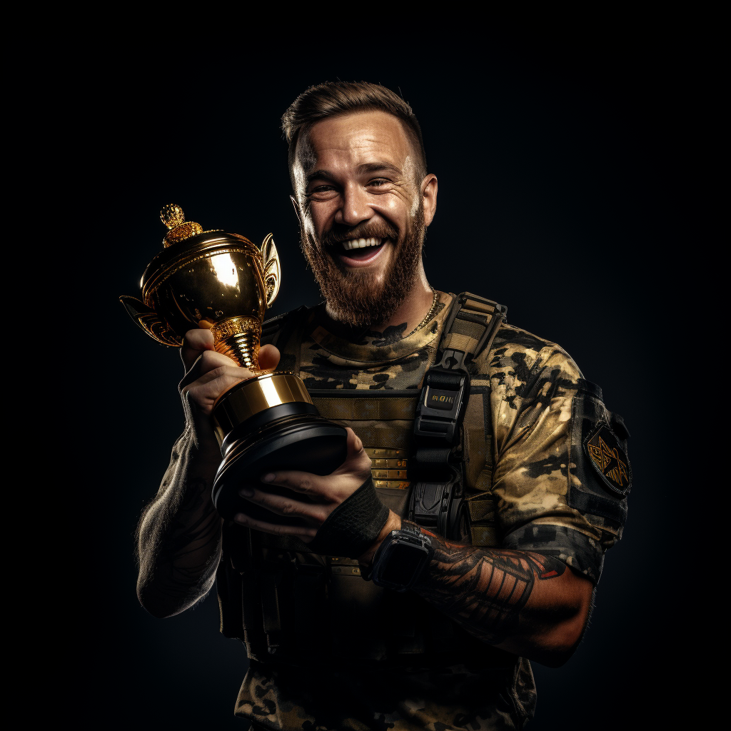 Happy soldier with gold trophy