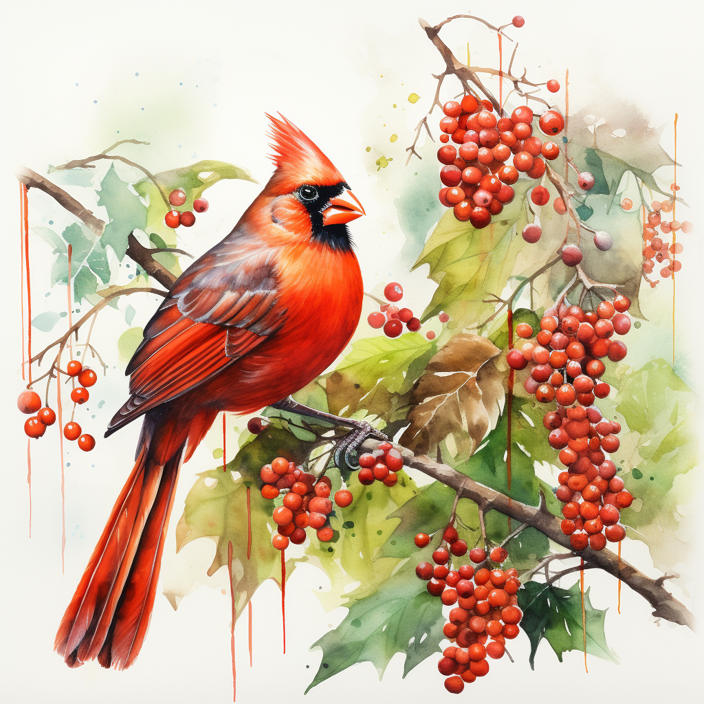 Happy cardinal collecting berries watercolour