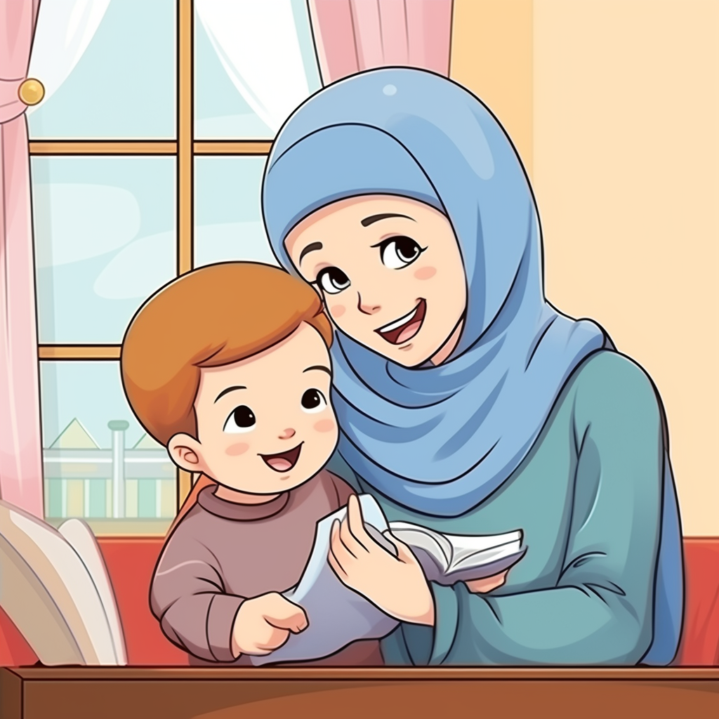 Cartoon Baby Boy with Mother in Room