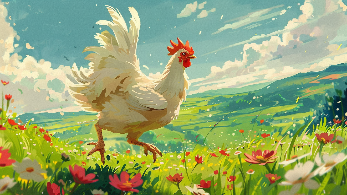 Happy chicken running in landscape