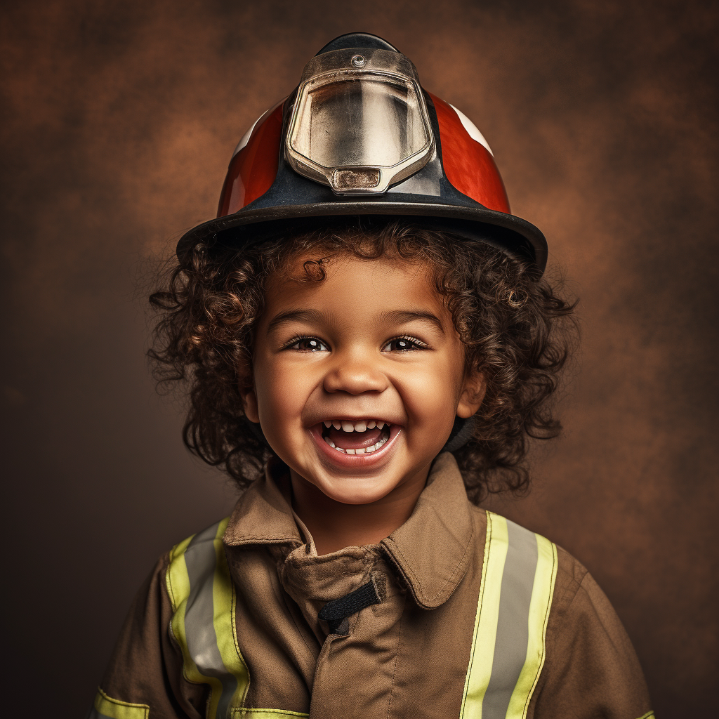 Smiling child in firefighter outfit