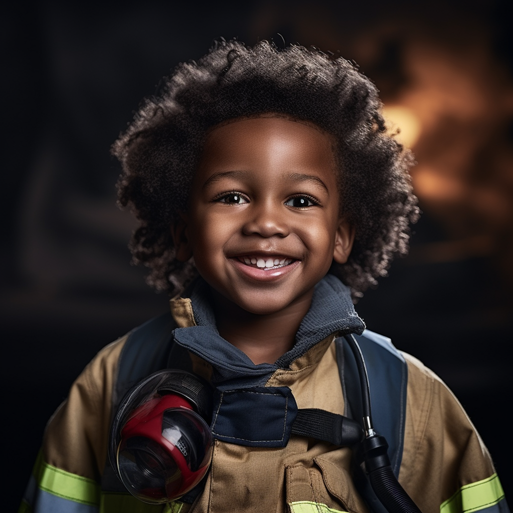 Young child with joyful expression dressed as a firefighter ?