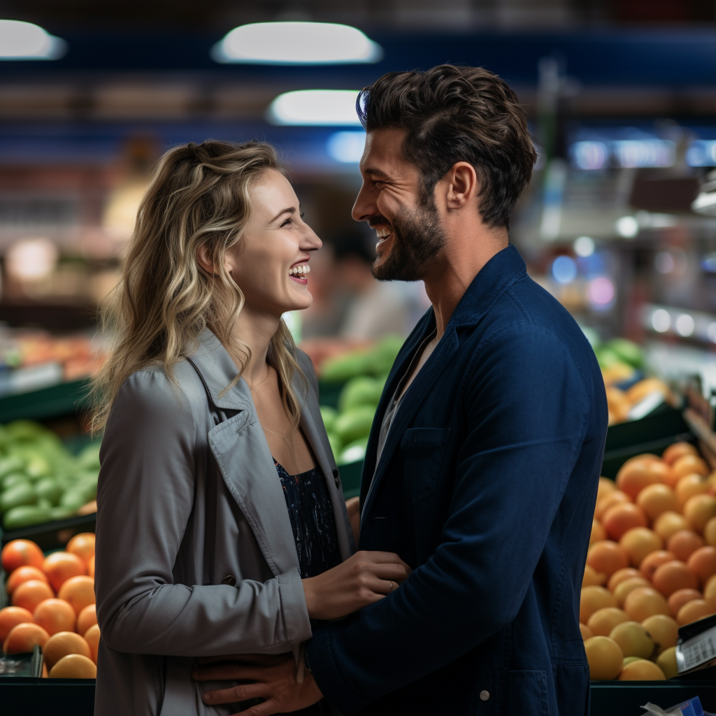 Man and woman having a happy conversation in grocery store