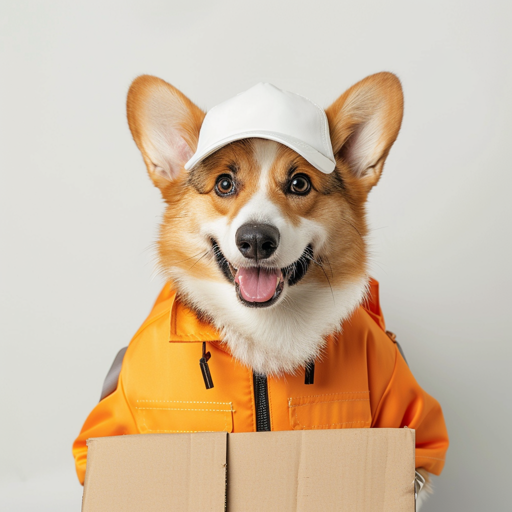 Corgi dog in orange biker uniform