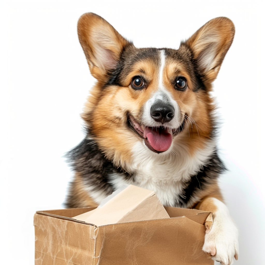 Happy corgi deliveryman with parcel