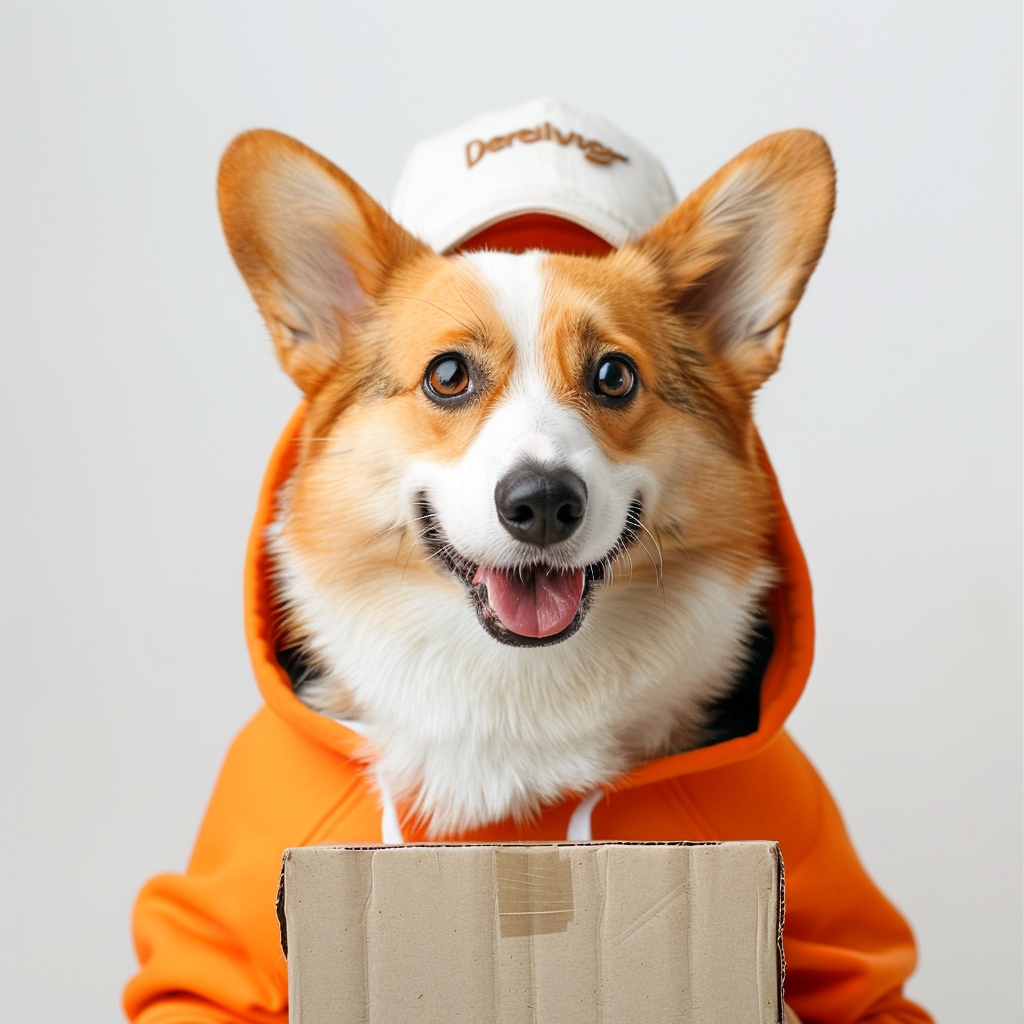 Corgi deliveryman holding empty paper box