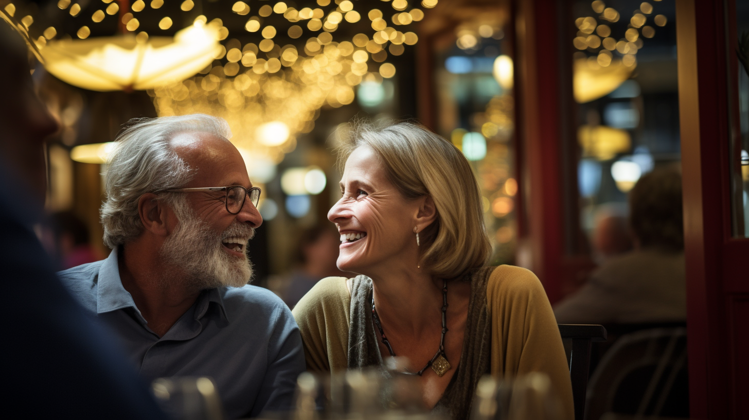 Image of happy couple at restaurant