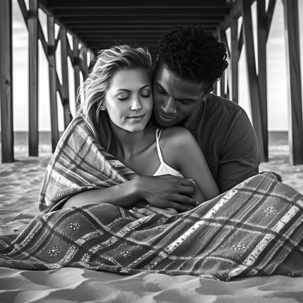 Loving couple hugging on boardwalk