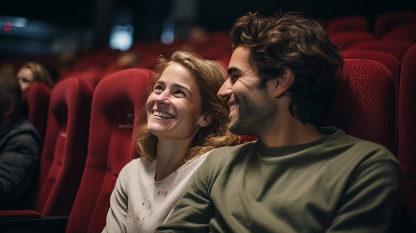 Smiling couple enjoying movie at theatre