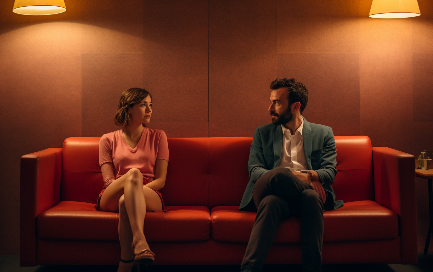 Young couple sitting happily on a sofa