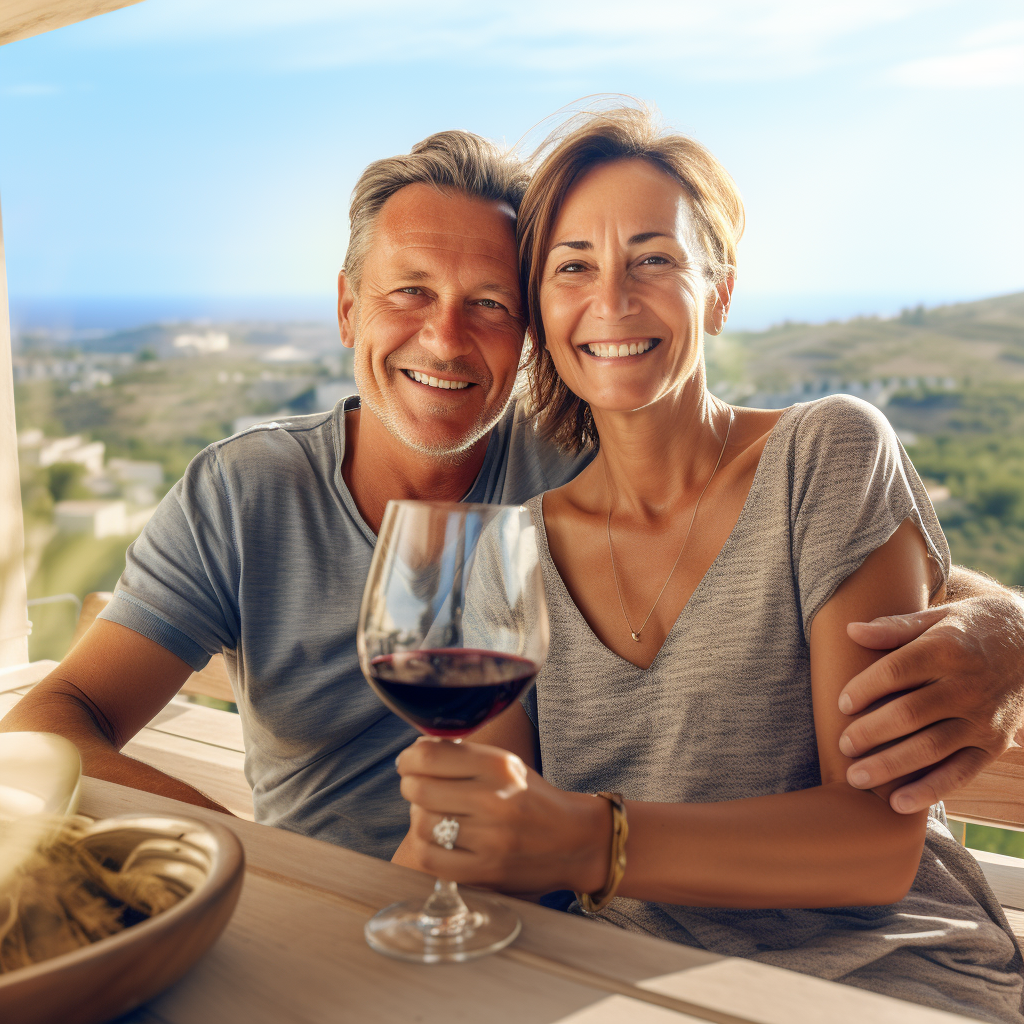 Happy couple enjoying wine on open terrace in Provence