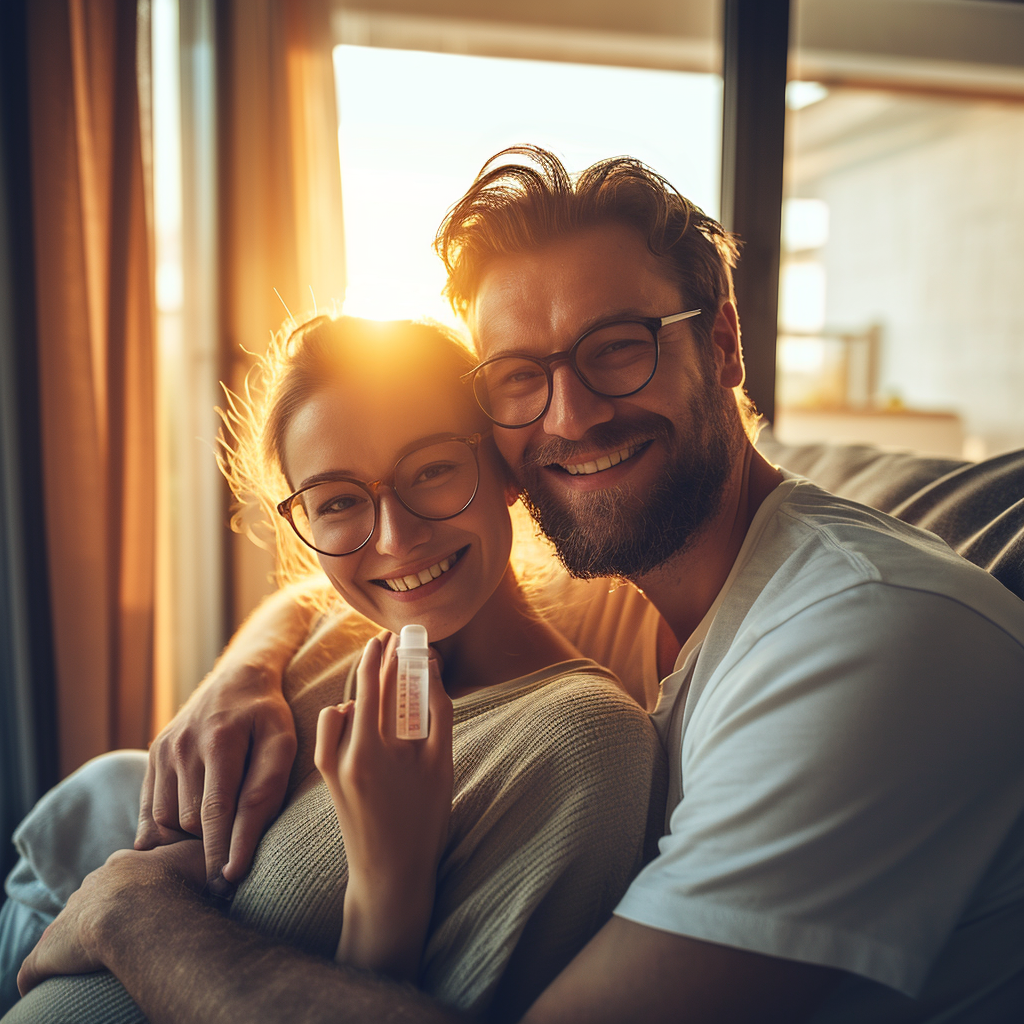 Happy couple with positive pregnancy test