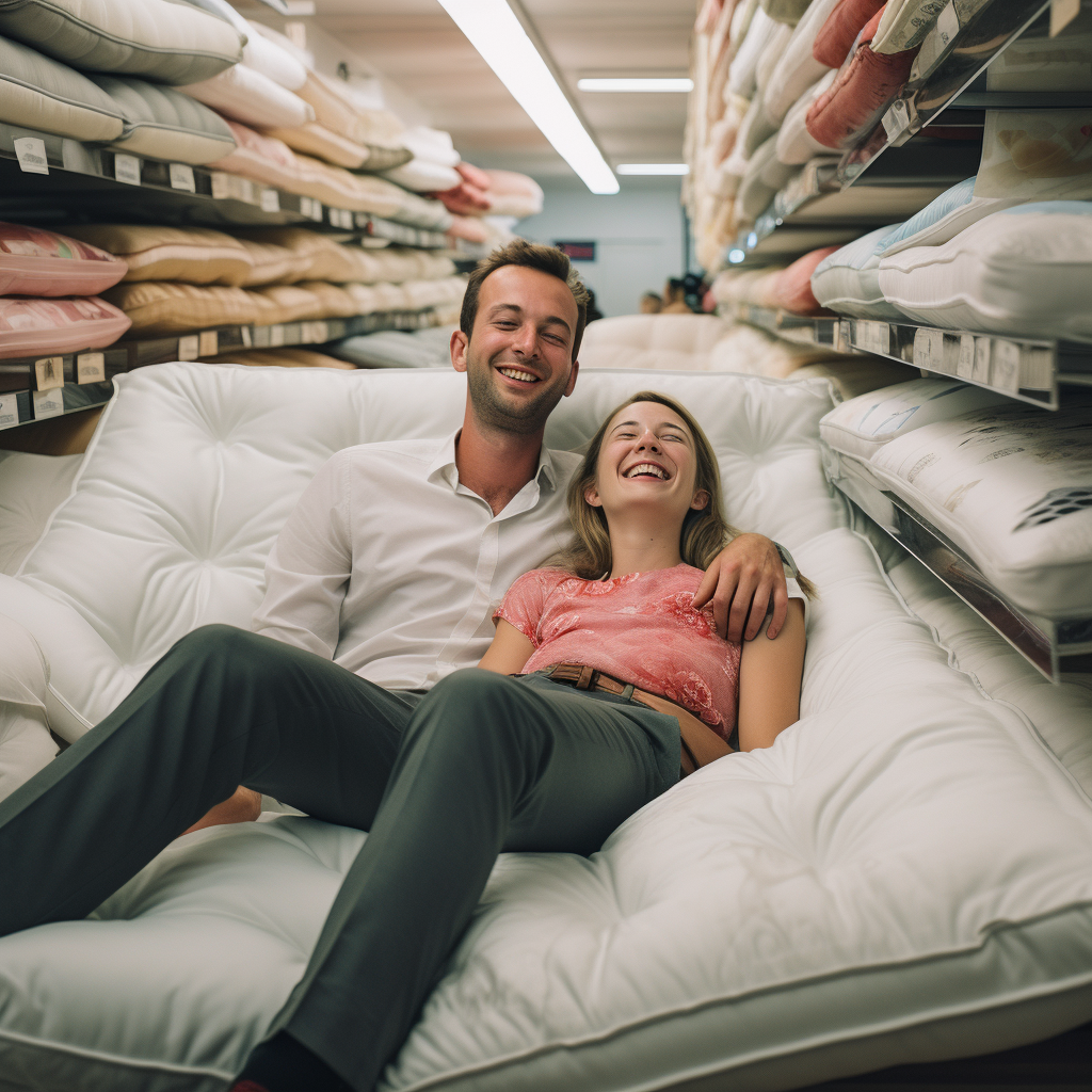 Happy couple enjoying comfort on mattress