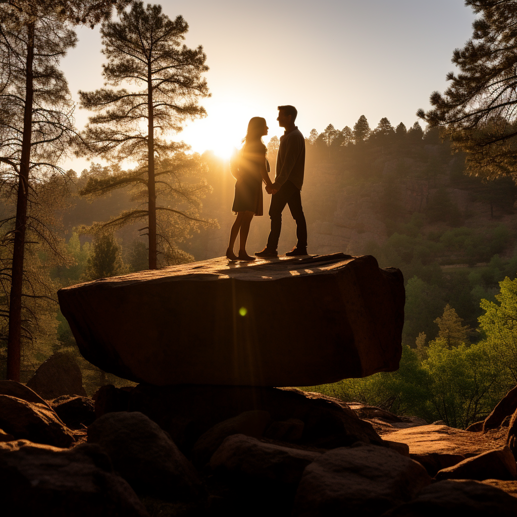 Smiling couple hugging in serene forest at sunset