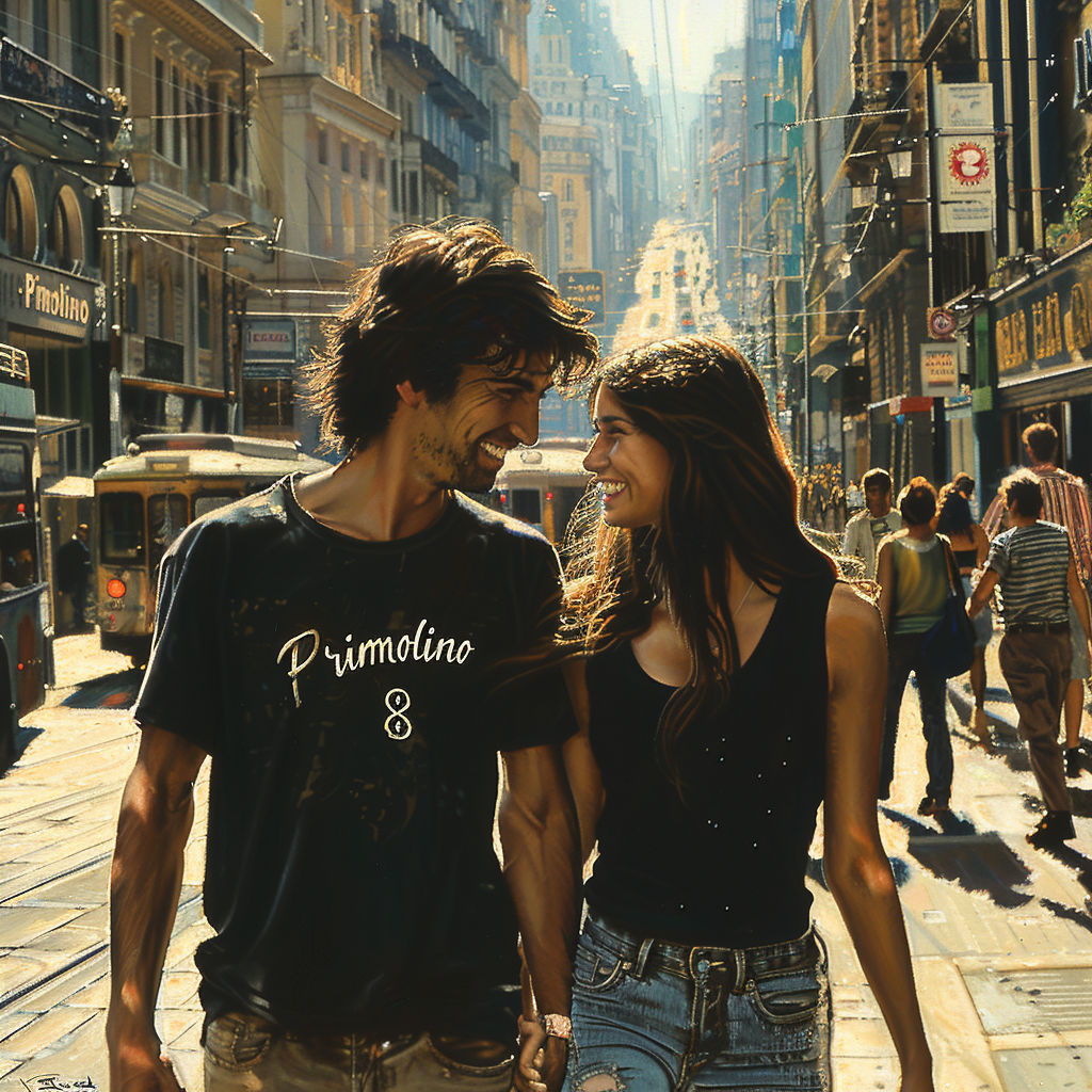 Couple walking with Primolino shirts