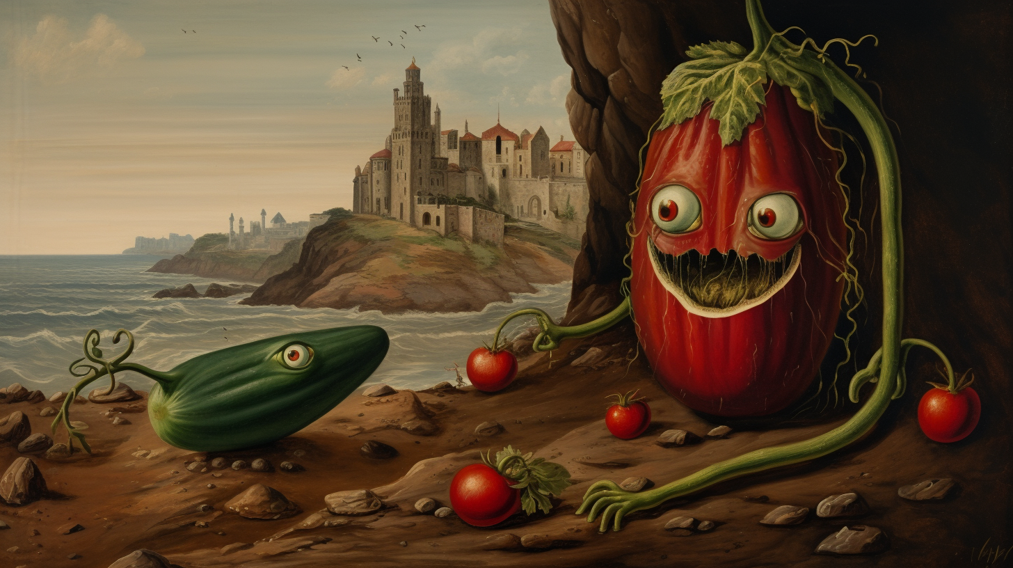 Happy cucumber enjoying a sad tomato on a beach with a cityscape