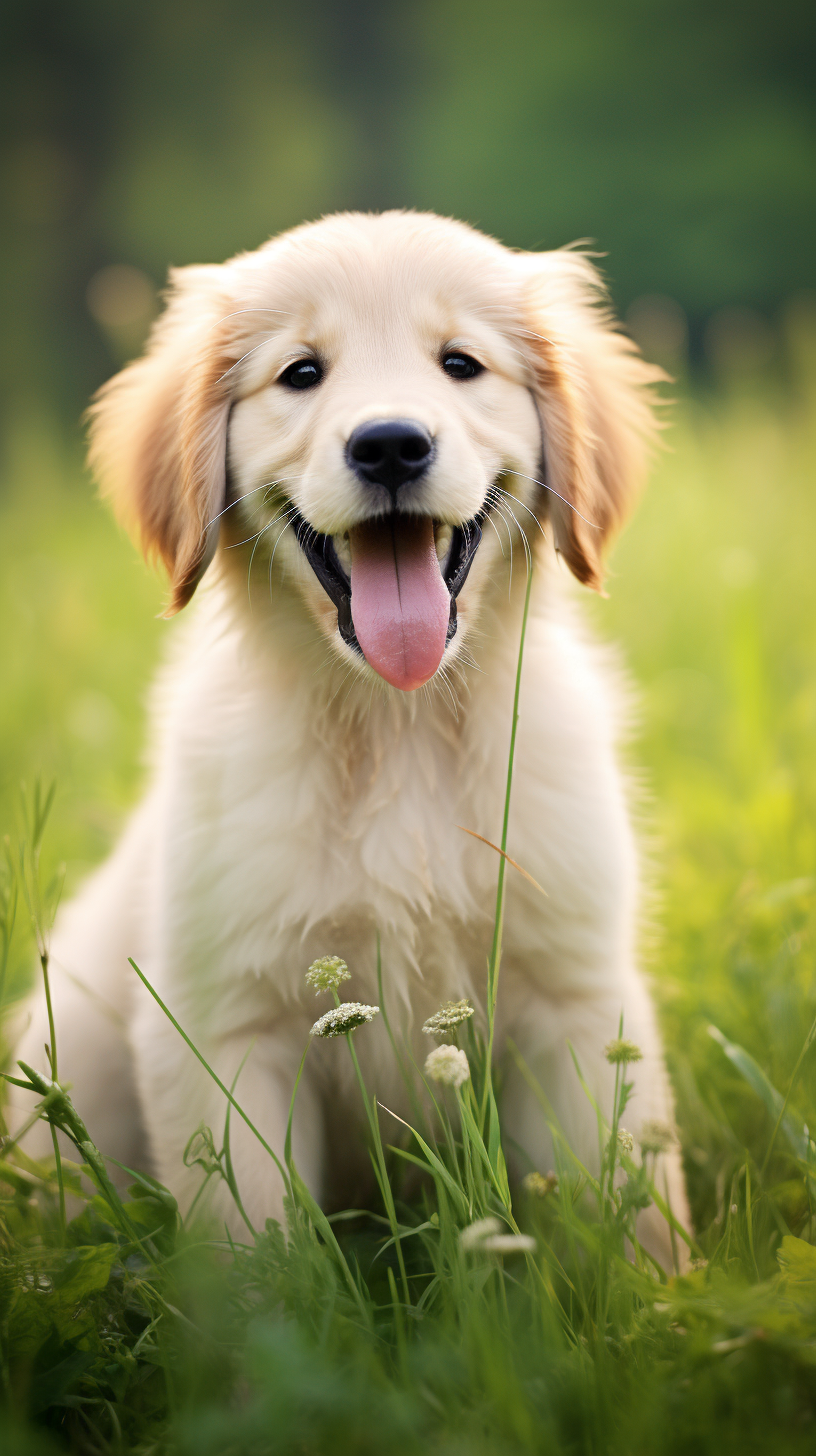 Adorable golden retriever puppy playing on green grass