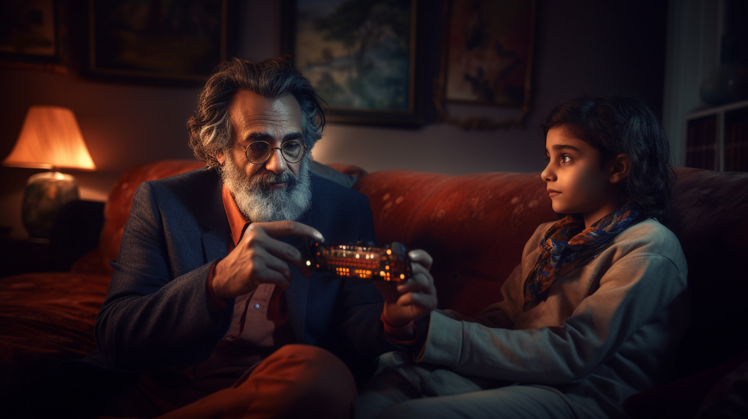 Happy dad and child playing videogames