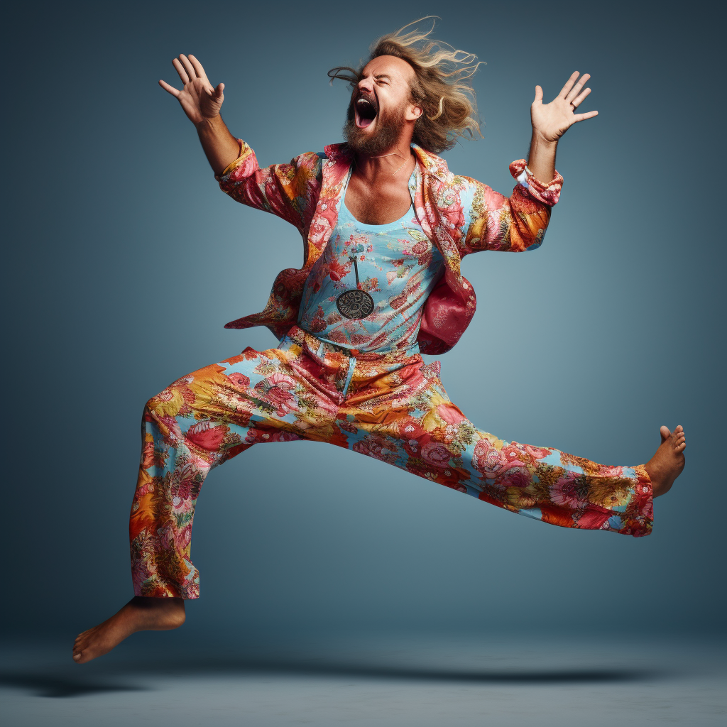 Man happily dancing in pajamas