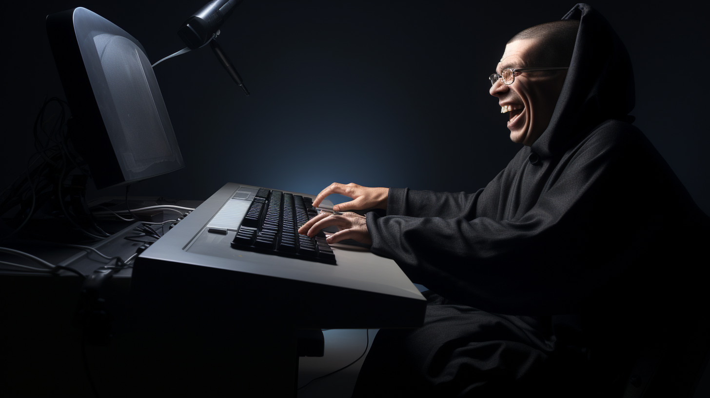 Happy deaf person using braille computer