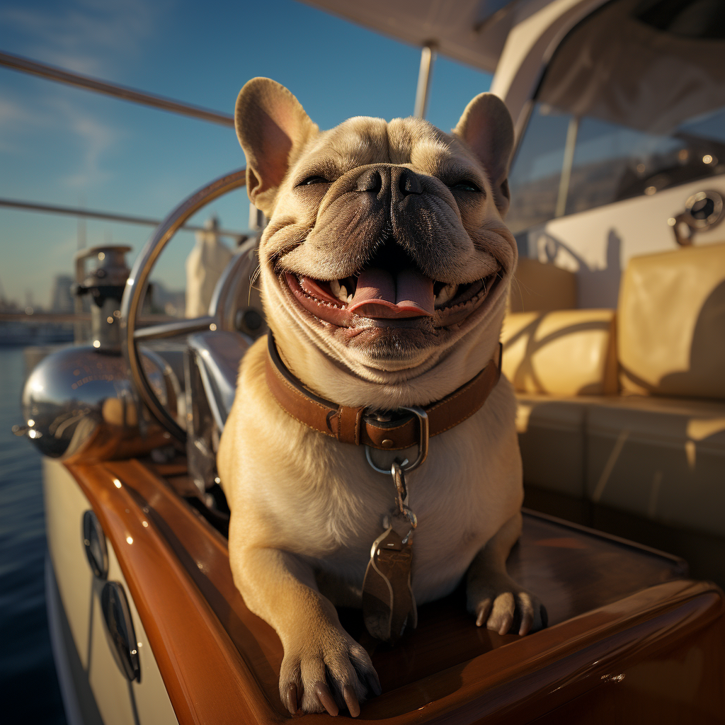 Happy grey French Bulldog on a yacht