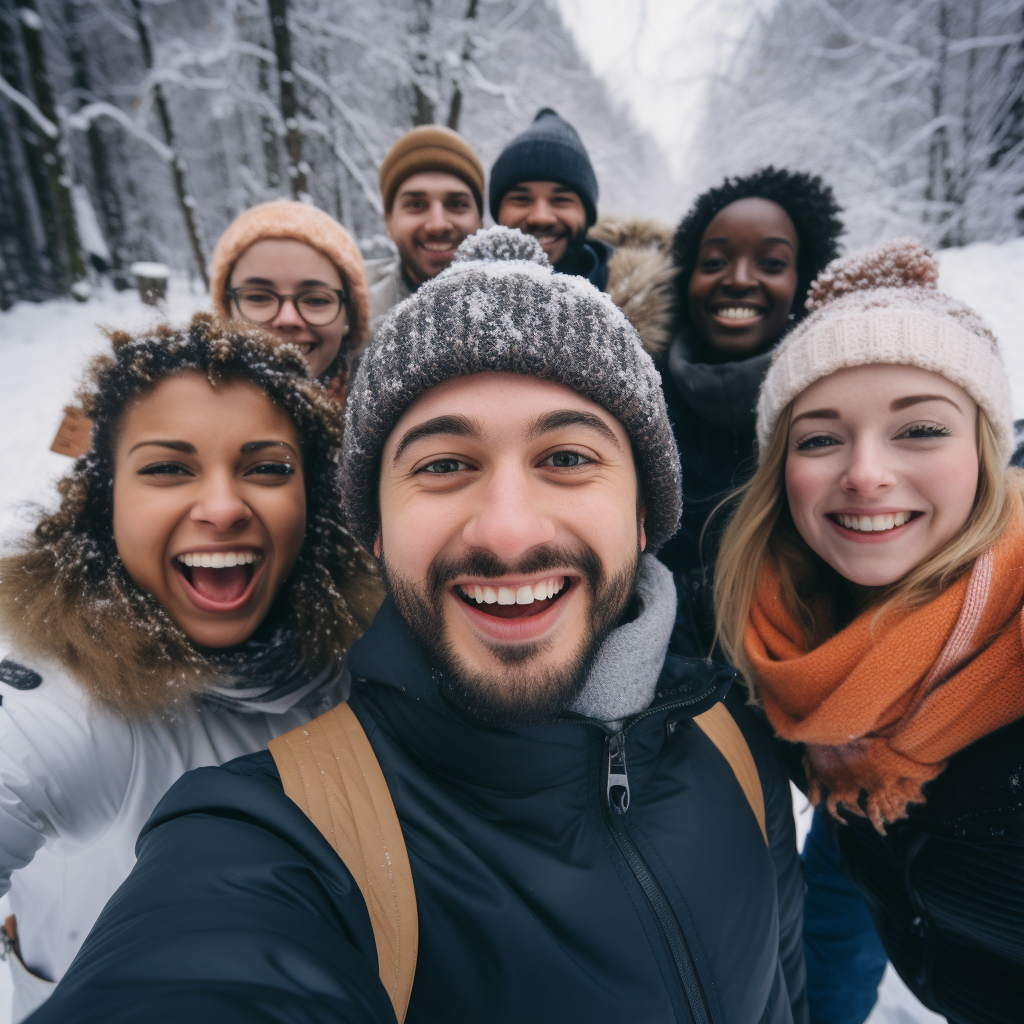 Group of diverse people enjoying a winter selfie