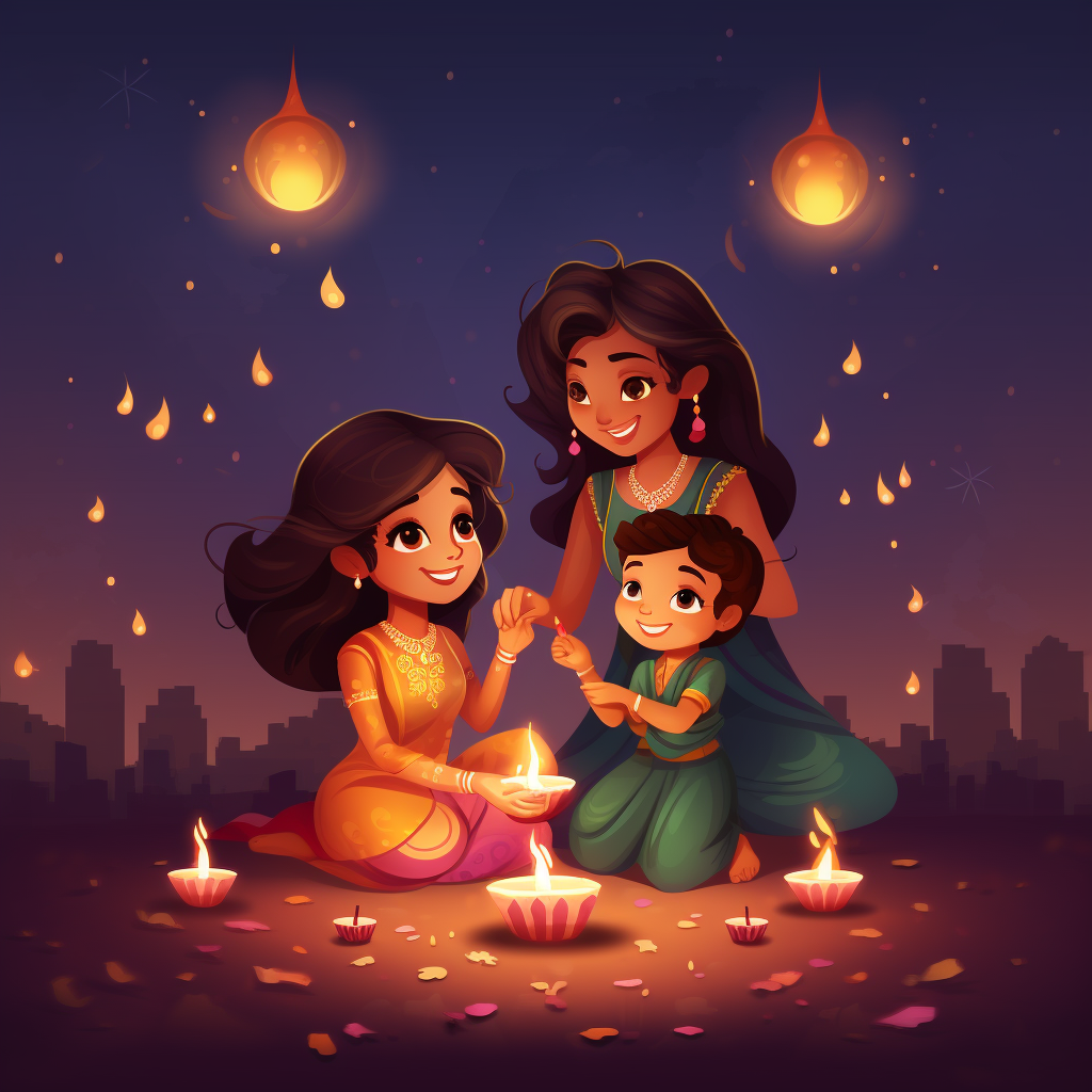 Happy Diwali greeting with diyas, lanterns, and fireworks