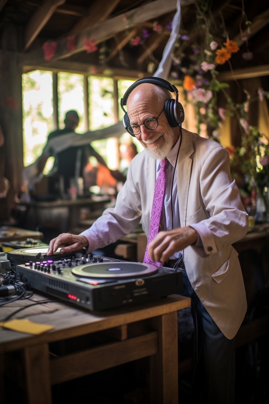 Happy DJ playing at a colorful wedding